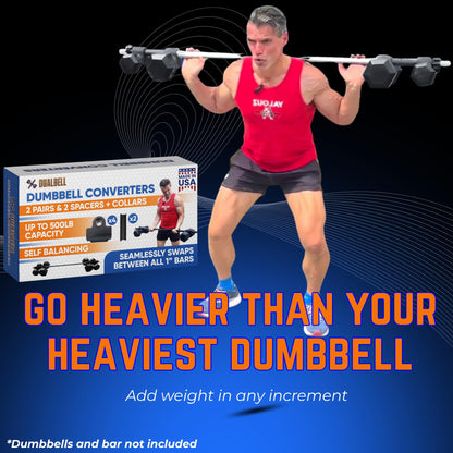 Dualbell Dumbbells to Barbell Converters- Quick Setup Dumbbell Connectors, 500lb Capacity Barbell Adapters, Secure Fit, Quick Setup, Fits 1" Bars, Home Gym Equipment, 2 Pairs w/Black Weight Collar