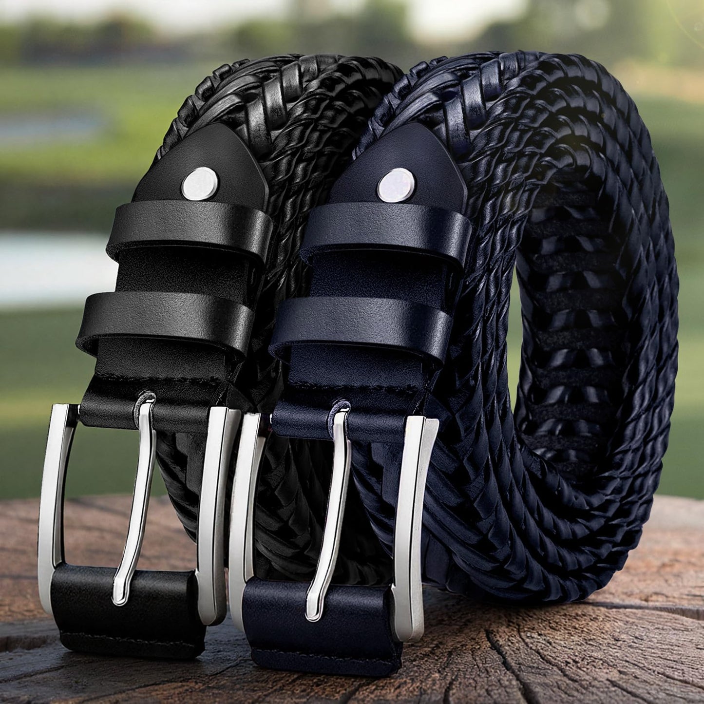 BULLIANT Men Belt, Braided Leather Belt Adjustable For Men Casual Jeans Golf 1 3/8"(Black/Blue,26"-30" Waist Adjustable)