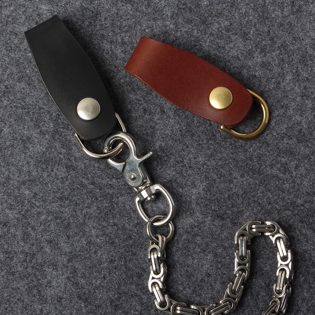 Ruth&Boaz Handmade Italian Vegetable Leather Belt Loop Keychain Keyring (A-black-silver)