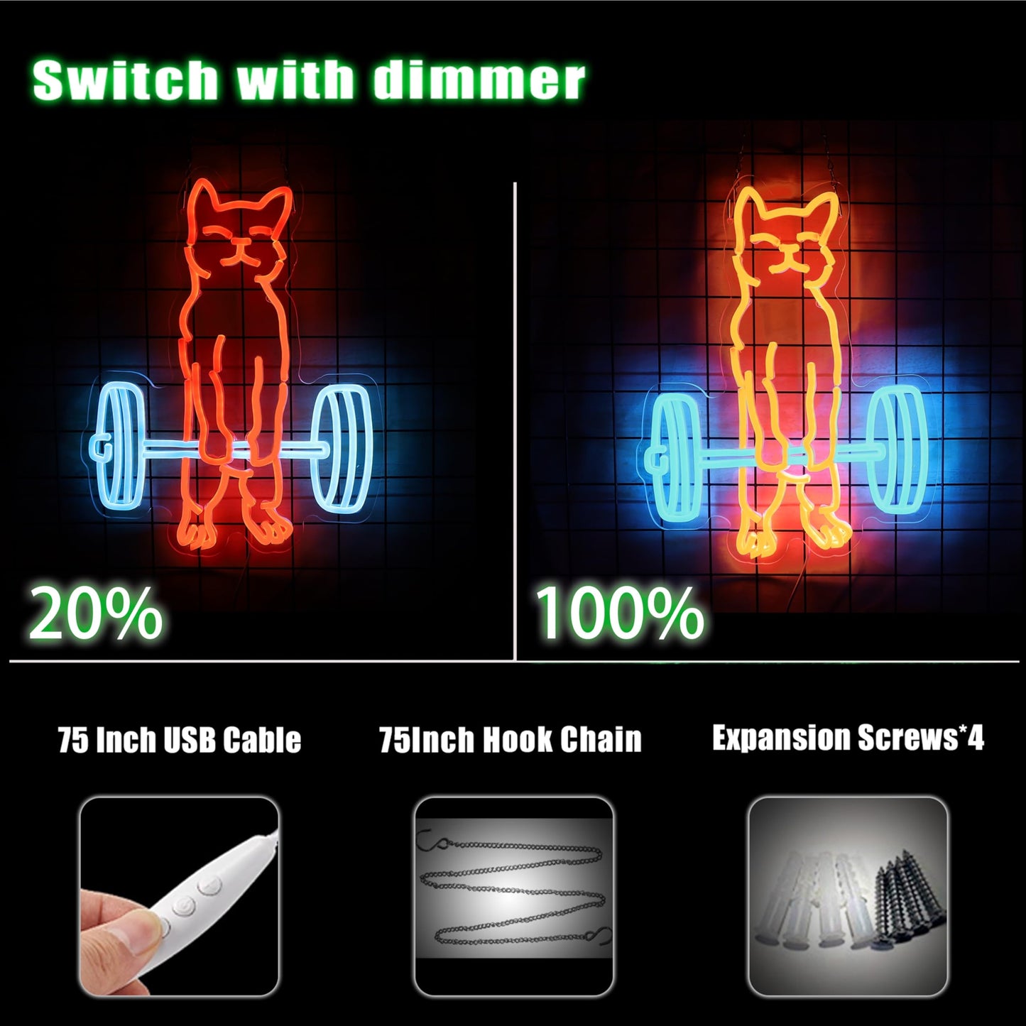Cat Do Gym Neon Sign for Home Gym Decor Cat Lifting Weight Funny Lighting Sign LED Wall Art for Men Cave Garage Decor 12.6 * 16.1IN