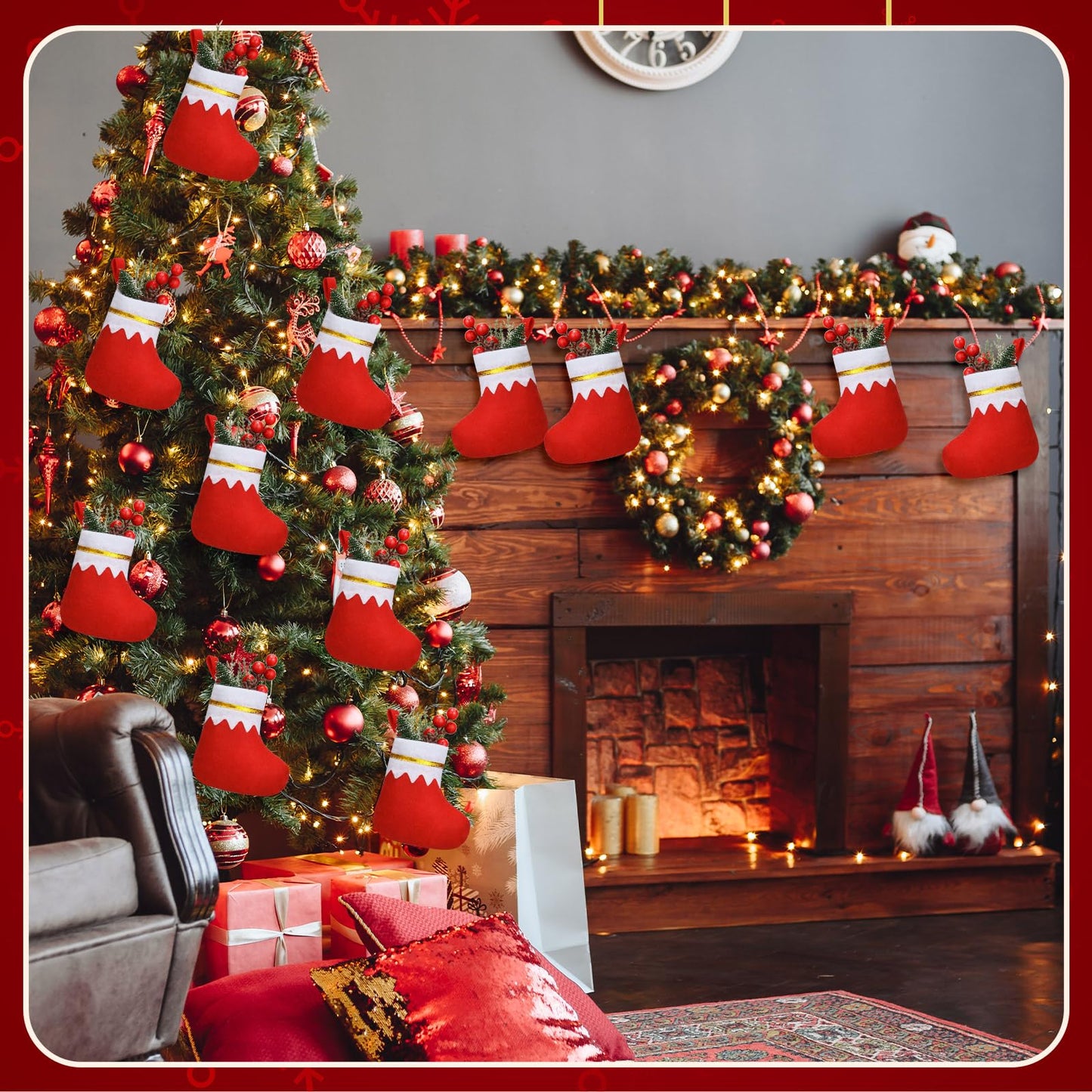 Ceenna 48 Pcs 5 Inch Mini Summer Christmas Stockings Bulk Felt Xmas Stockings July in Christmas Tree Hanging Ornament for Family Holiday Decoration DIY Craft Xmas Kids Stocking Bags(Classic)