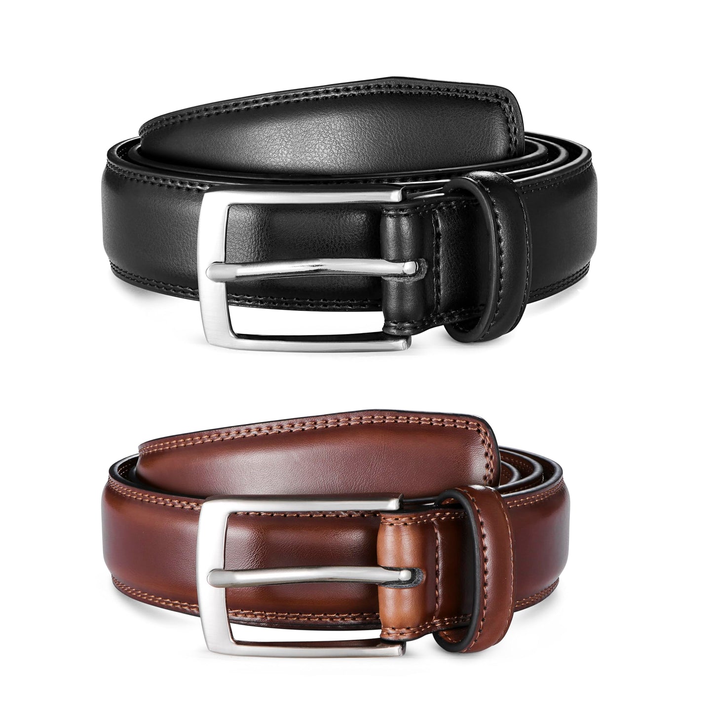 MILORDE Men's Leather Dress Belt 2Pack, Handmade, 100% Cow Leather, Fashion & Classic Designs for Work Business and Casual (2pack-Black101/Brown103,34)