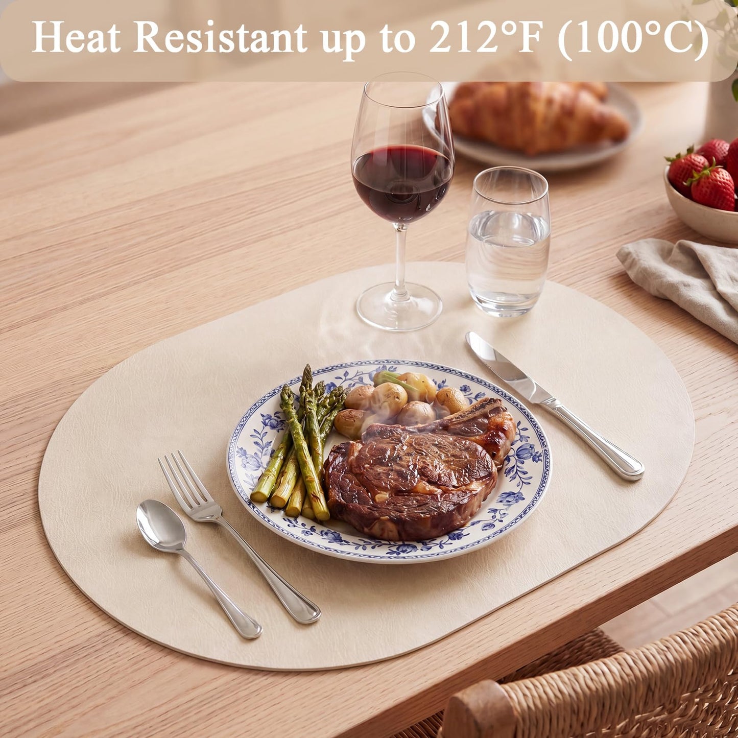 SHACOS Faux Leather Oval Placemats Set of 6 Waterproof Heat Resistant Washable Wipeable Place Mats Solid Table Mats for Kitchen Dining Room Decor, White Oak Beige