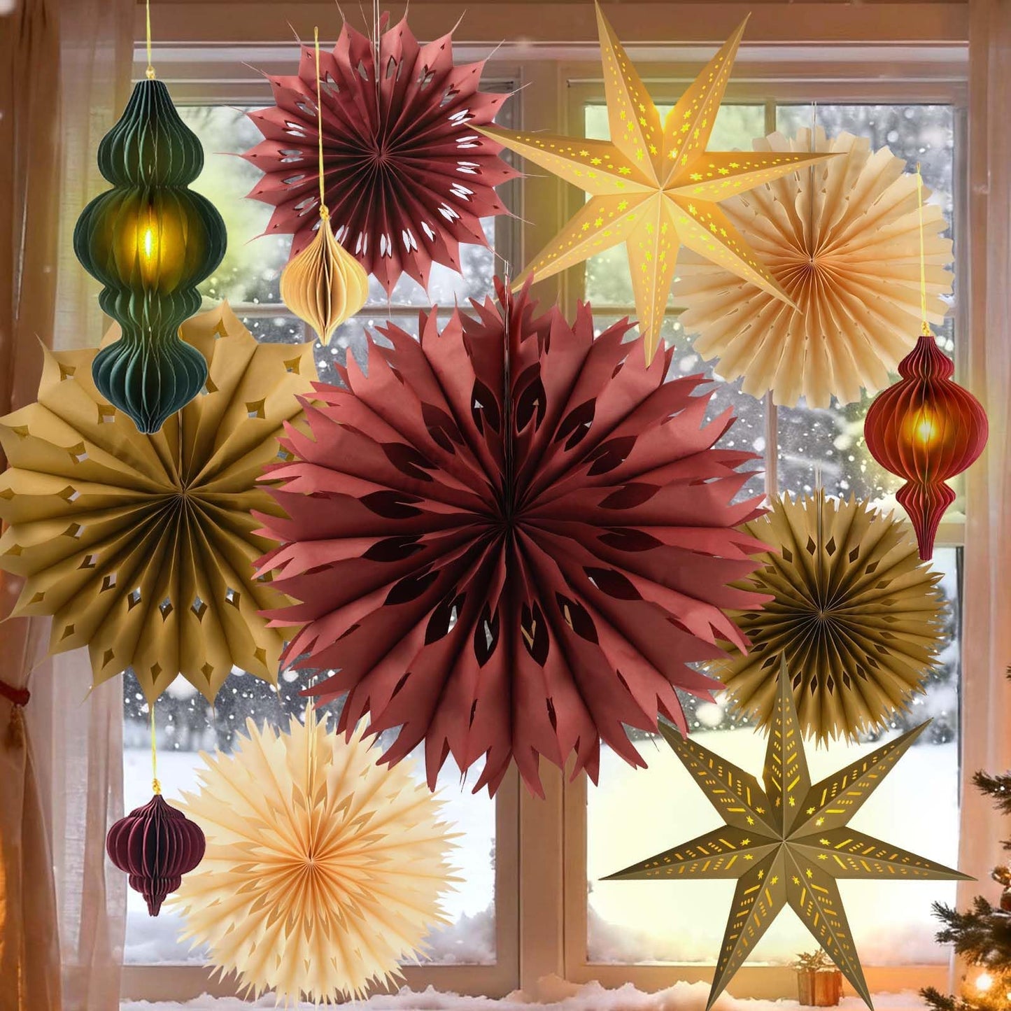 Christmas Hanging Decorations Set, 3D Paper Star Lanterns with Lights Paper Honeycomb Ornaments Snowflake Fans Decorative Hanging Ornamnets for Xmas Tree Frozen Winter Wonderland Holiday Party Decor
