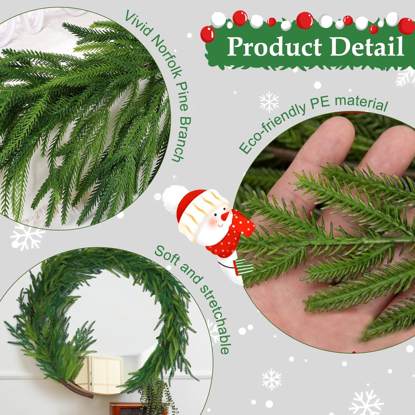 2PCS 6FT Artificial Norfolk Pine Garlands, Real Touch Winter Pine Garland, Green Artificial Greenery Garland for Table, Indoor, Mantle, Wall, Outdoor Christmas Decorations (2)