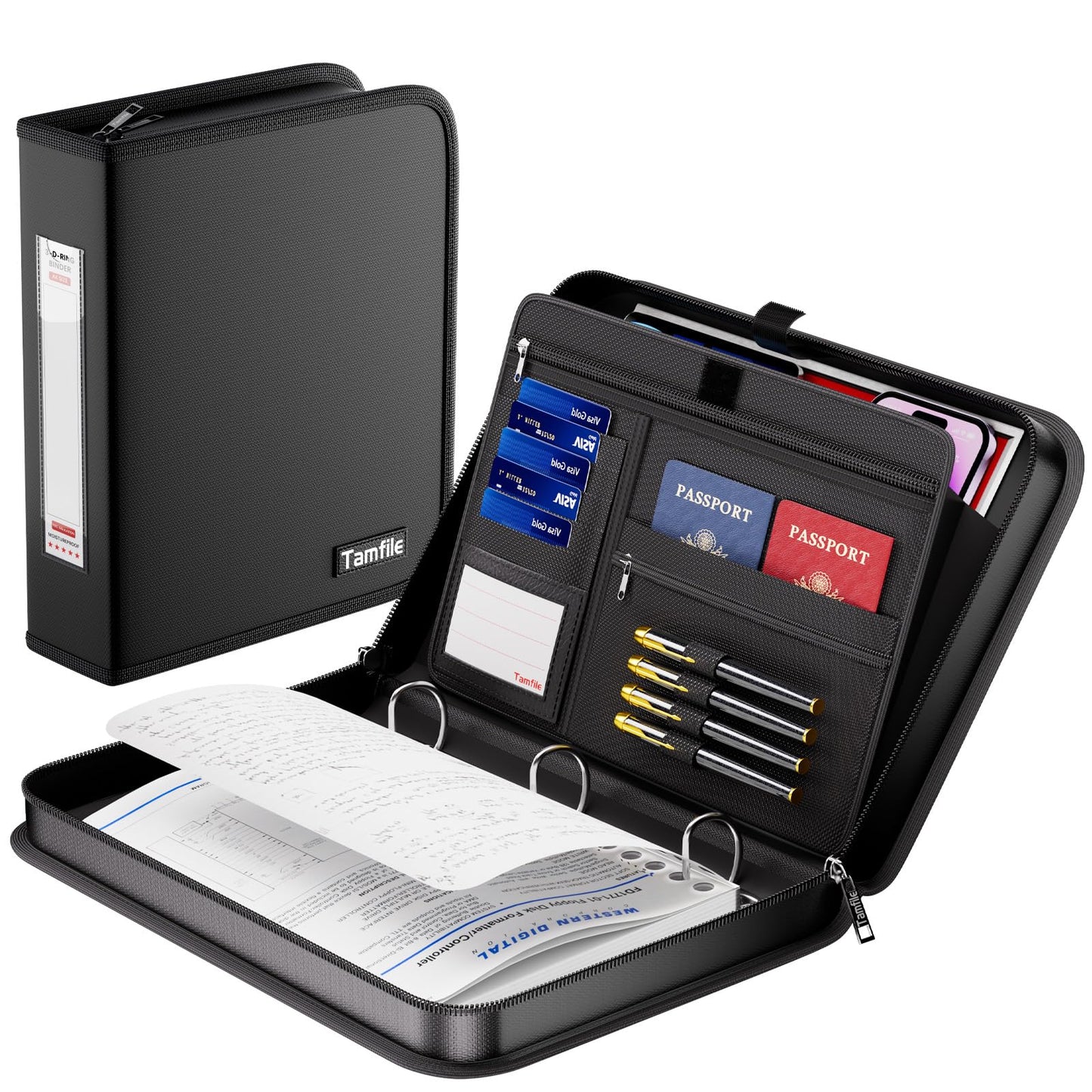 Tamfile Fireproof 3 Ring Binder with Zipper, 1.5 Inch D Ring Binder Hold Up 375 Sheets of 8.5"x11" A4 Paper, Portable Safe Storage with Large Pockets, Important File Storage for A4 Files (Black)
