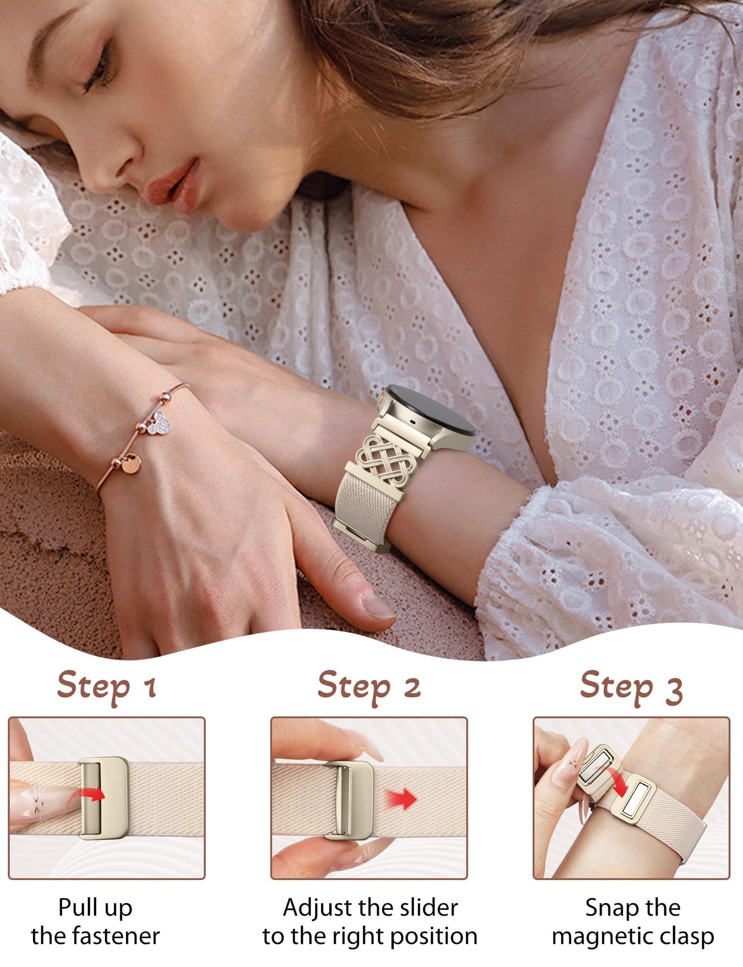 Minyee Magnetic Stretchy Band Compatible with Samsung Galaxy Watch 7/6/5/4/FE/Active 2 40mm 44mm/Watch 6 Classic 43mm 47mm/5 Pro 45mm Women, Celtic Knot Soft Elastic Nylon Fabric Strap,Champagne Gold