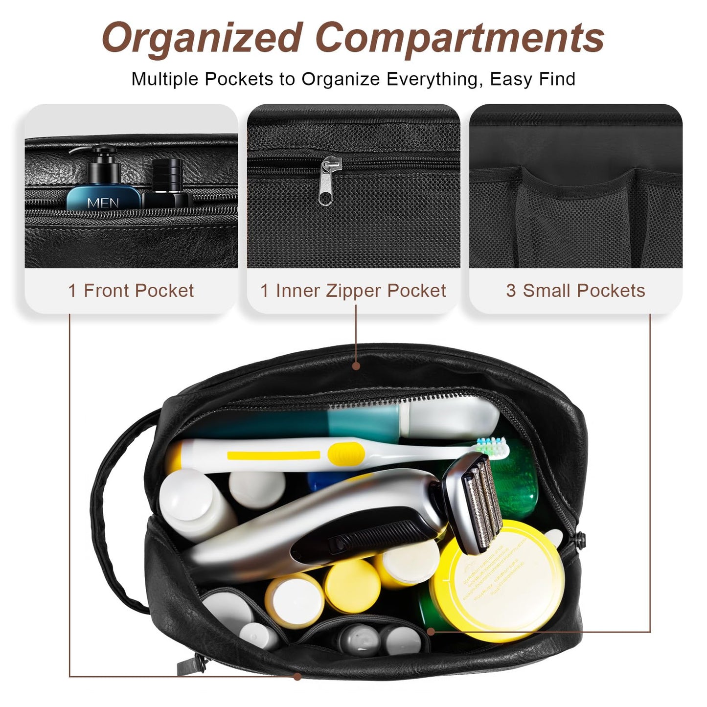 Ezday Travel Toiletry Bag for Men and Women, Travel Shaving Dopp Kit Water-resistant Bathroom Toiletries Organizer PU Leather Cosmetic Bags (Black)