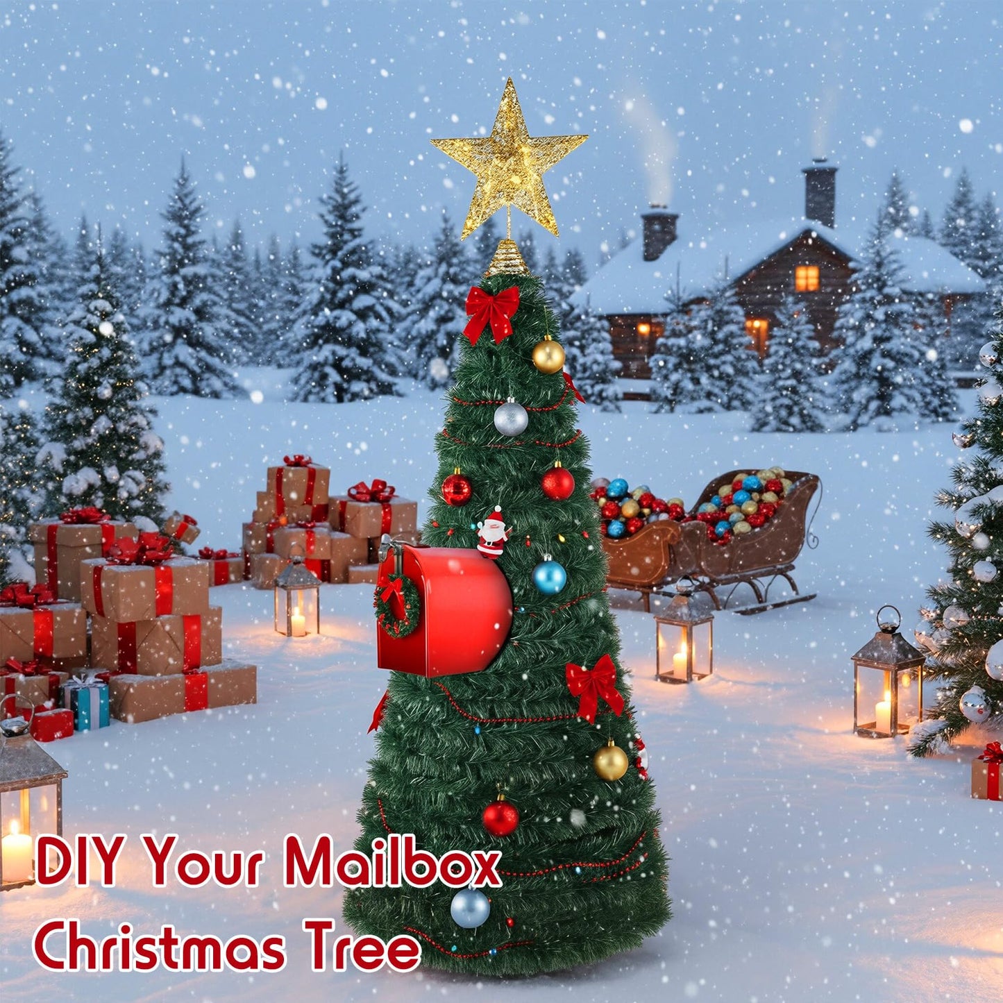 RoundFunny Mailbox Christmas Tree DIY Artificial Christmas Mail Box Swags Includes Metal Hexagonal Bracket 262.5 Ft Xmas Garland Xmas Star Topper for Home Outdoor Mail box Holiday Decor