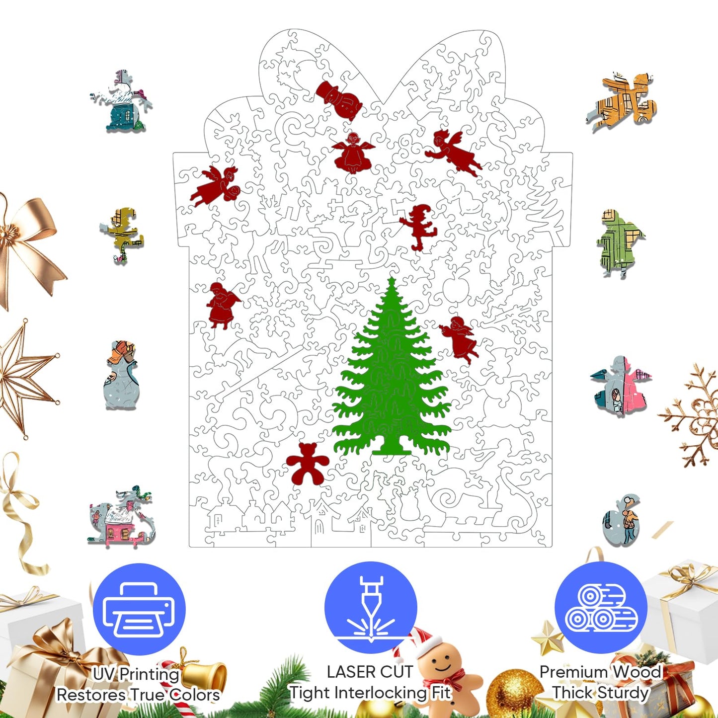 Mocfesk Winter Wooden Puzzles for Adults and Kids, 205 Pieces Holiday Snow Building Jigsaw Puzzles, Unique Shaped Christmas Wood Puzzles Gifts for Grandkids, Family Game Home Decor 9.4'' x 12.2''