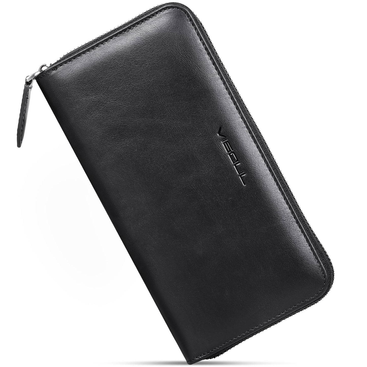VISOUL Leather Long Zipper Pouch Wallet for Men and Women with RFID Blocking, Large Clutch Cash Long Wallet with Zipper (Black)