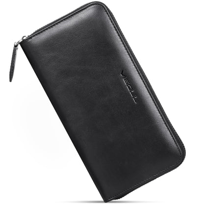 VISOUL Leather Long Zipper Pouch Wallet for Men and Women with RFID Blocking, Large Clutch Cash Long Wallet with Zipper (Black)