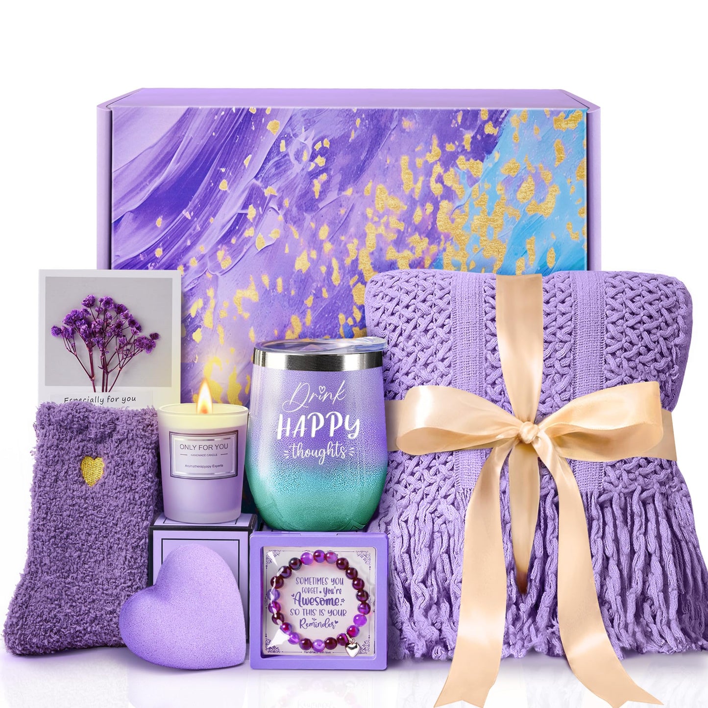 Birthday Gifts for Women Mom Sister Friends Wife Daughter Grandma Her, Lavender Self Care Package Get Well Soon Relaxing Spa Gift Baskets w/Blanket, Unique Christmas Mothers Day Thank You Gifts