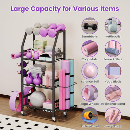 Homeiju Dumbbell Rack, 4 Tier Weight Rack for Home Gym, Yoga Mat Storage Holder with Lockable Wheels, Dumbbell Stand with Hooks, All in One Work out Equipment Storage for Yoga Mat Dumbbell and Balls