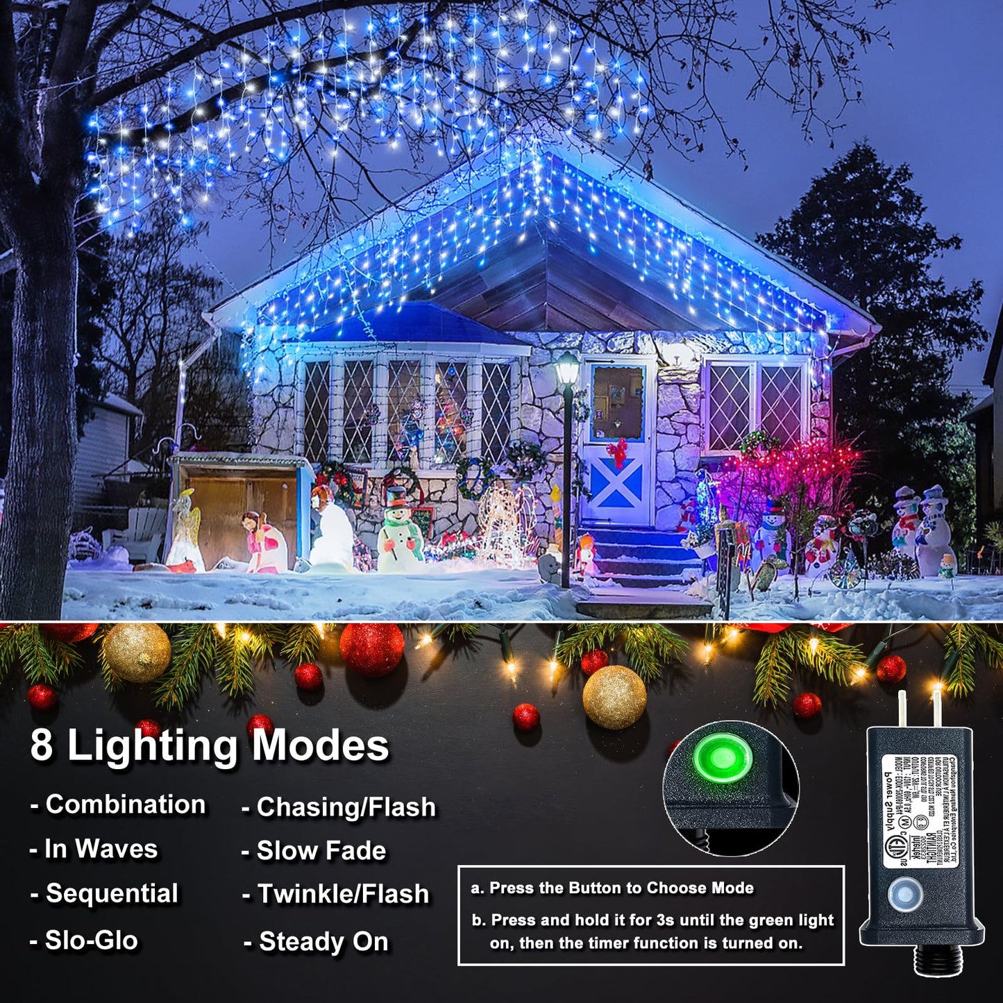 Icicle Lights for Outside - 33FT 400 LED Icicle Christmas Lights Outdoor with 75 Drops 8 Modes Timers, Waterproof Connectable Hanging Lights for Indoor Roof Yard Xmas Decorations, Blue and White