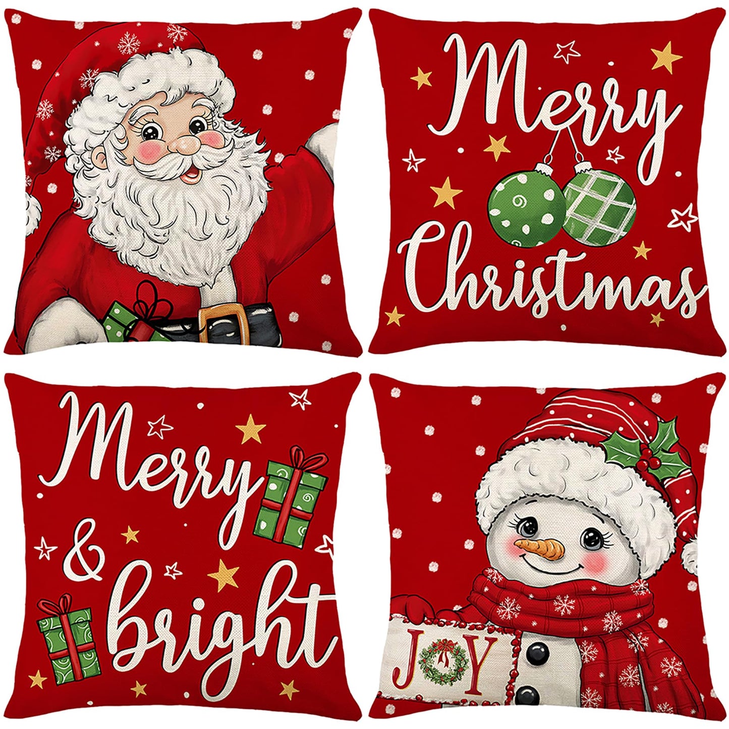 Ni-JASW Red Christmas Throw Pillow Covers 18x18 inch Set of 4, Old Fashioned Santa Snowman Merry Christmas Cushion Covers for Couch Sofa Holiday Decor