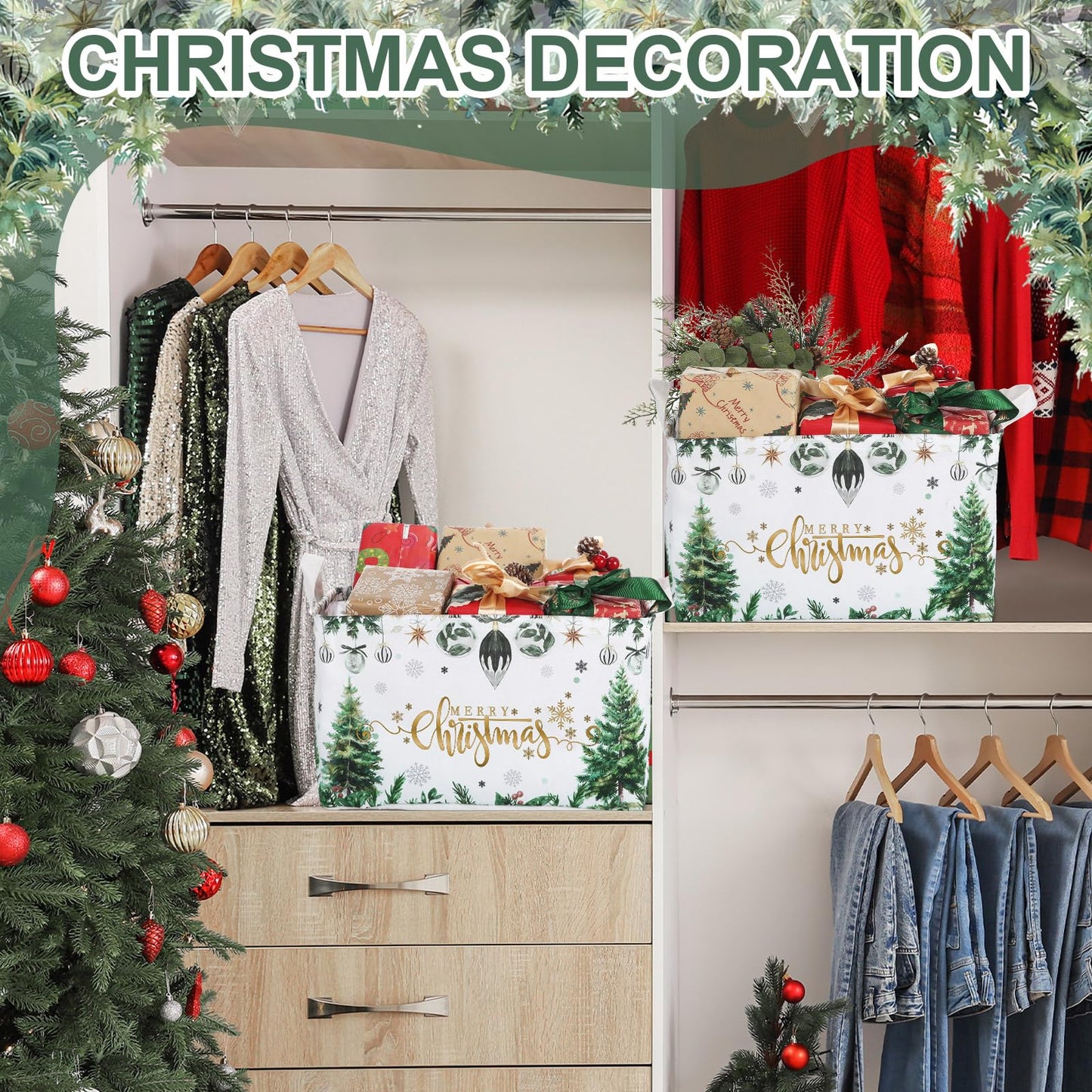 Threehoney 3Pcs Large Merry Christmas Tree Gift Storage Baskets Xmas Ball Collapsible Storage Bin Empty Candy Decor Canvas Laundry Basket Foldable Box with Handle for Home Office(Green,Classic Style)