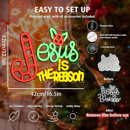Jesus is the Reason Christmas Neon Sign Festive Holiday Xmas LED Light – Adjustable Brightness for Christmas Decor, Home, Gifts and Party Ambiance