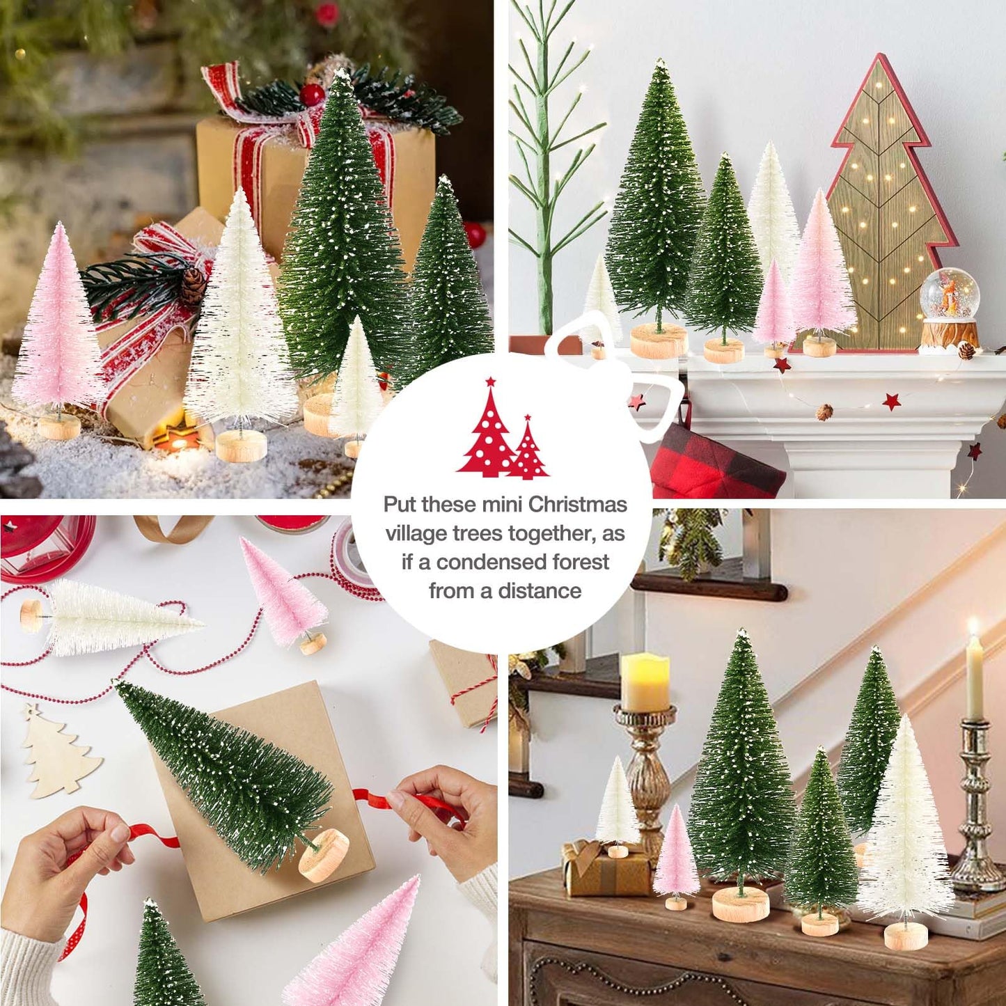 9Pcs Mini Christmas Trees Christmas Decor Artificial Christmas Decorations with 4 Sizes, Christmas Tree Bottle Brush Trees Christmas Table Decorations (Green Beige Pink)