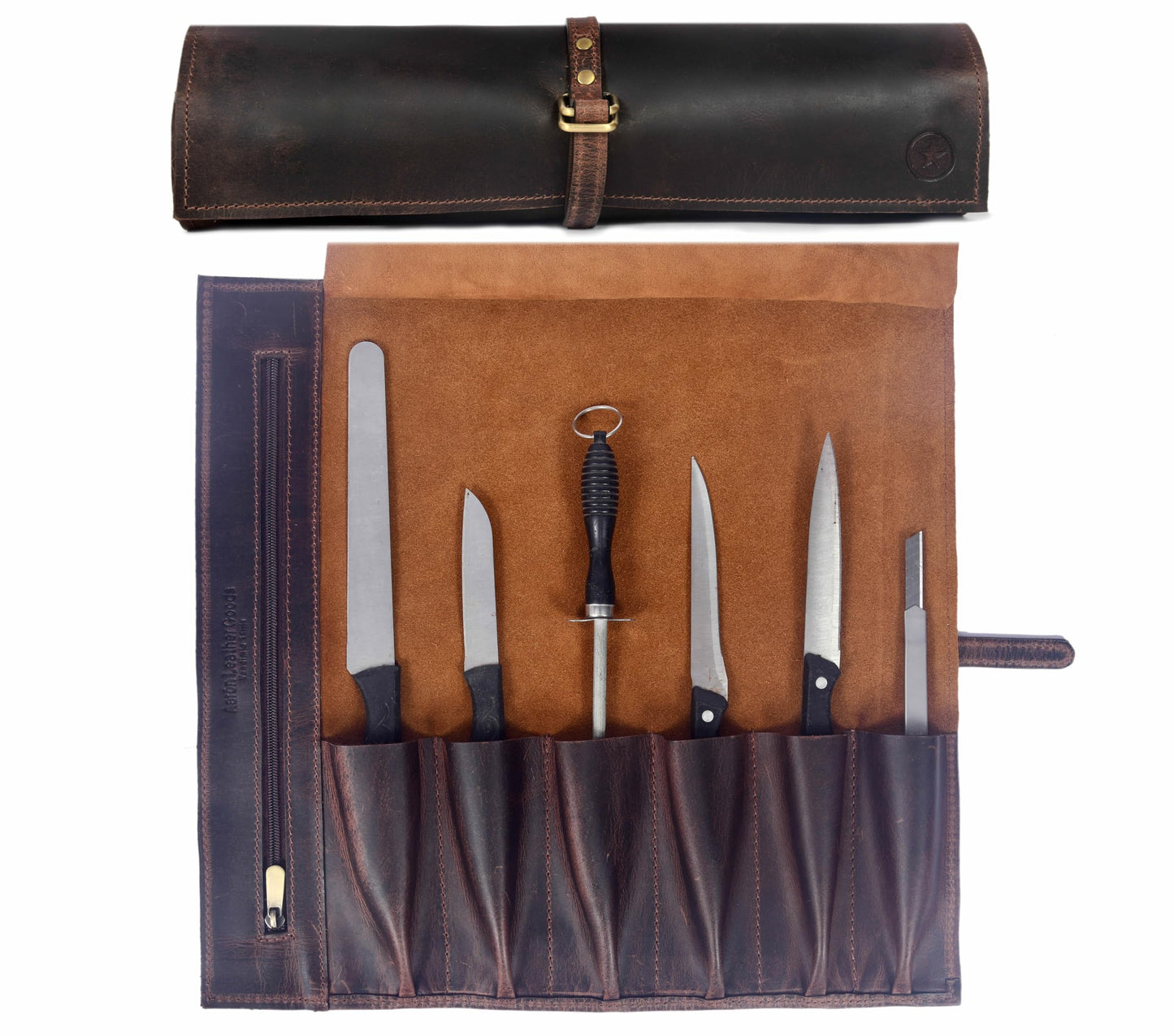 Leather Knife Roll Wrap with 7 Slots, Professional Chef Knife Case with Buckle Closure, Brown (Leather, Walnut)