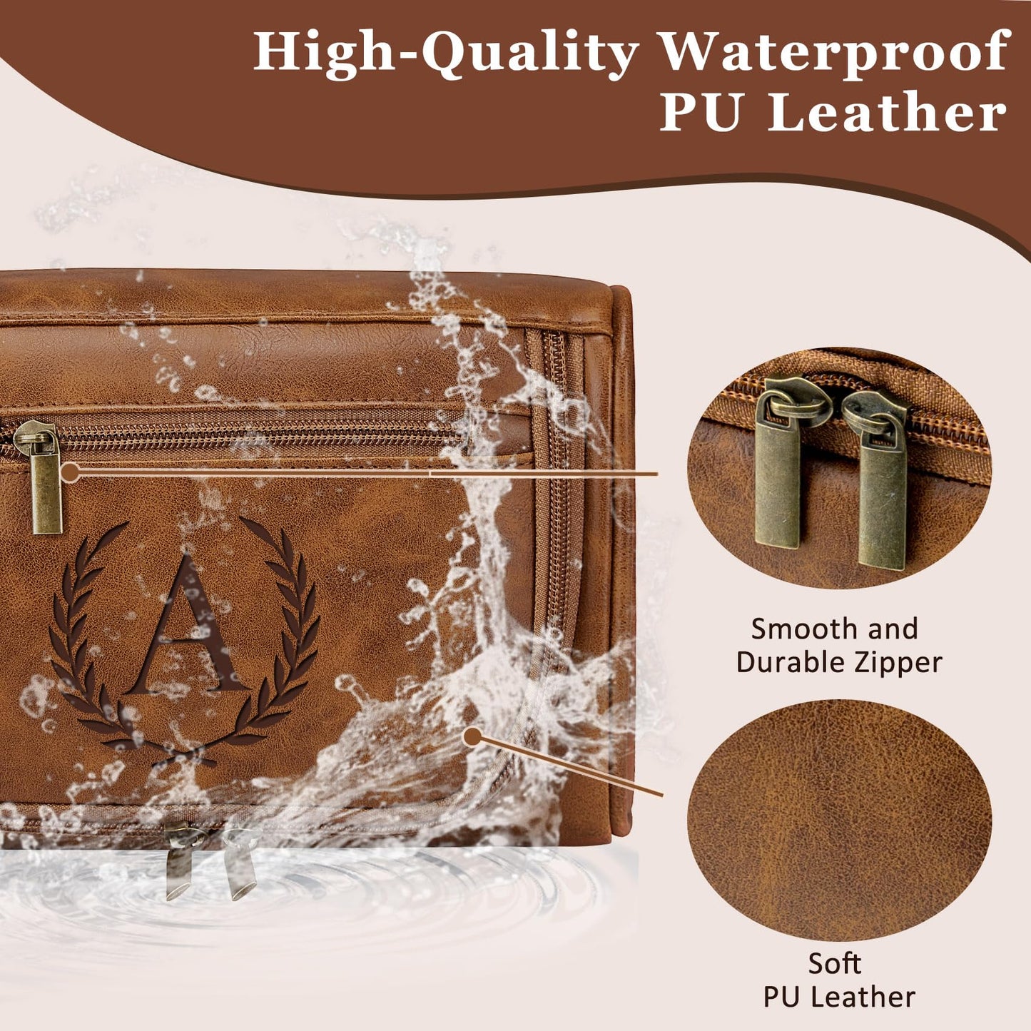Aganmi Personalized Toiletry Bag Fathers Day Birthday Gifts for Men Dad Husband, Laser-Engraved Initial Waterproof PU Leather Toiletry Organizer Dopp Kit Shaving Bag Travel Essential Light Brown J