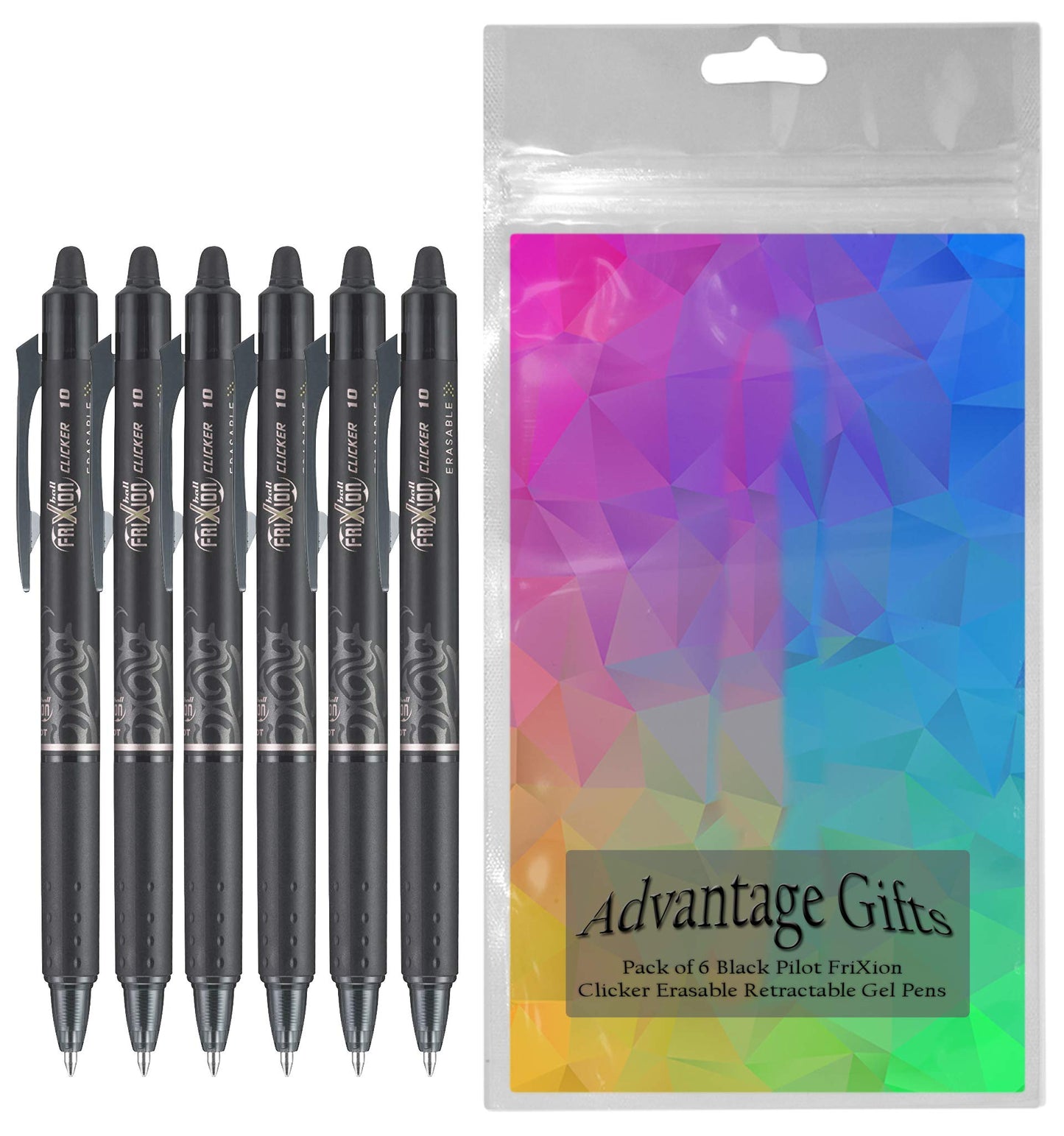 Advantage Gifts FriXion Clicker Retractable Erasable Gel Pen, Black, Bold Point, 6-pk; Bundle with Plastic Reusable Pouch