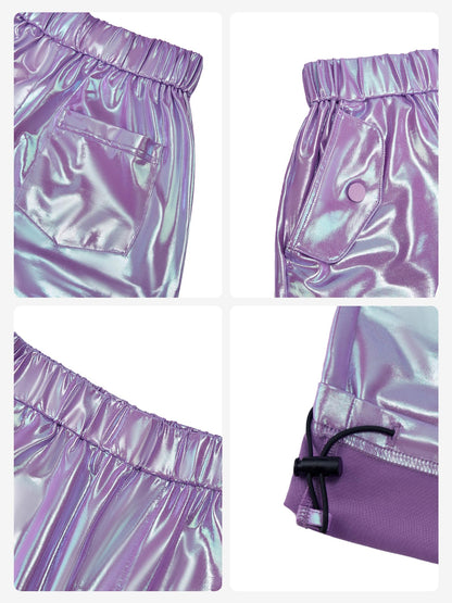 Stelle Girls Metallic Cargo Pants Shiny Hip Hop Dance Joggers Sparkly Stretchy Wide Leg Street Pants for Kids,Iridescent Purple,8-9 Years