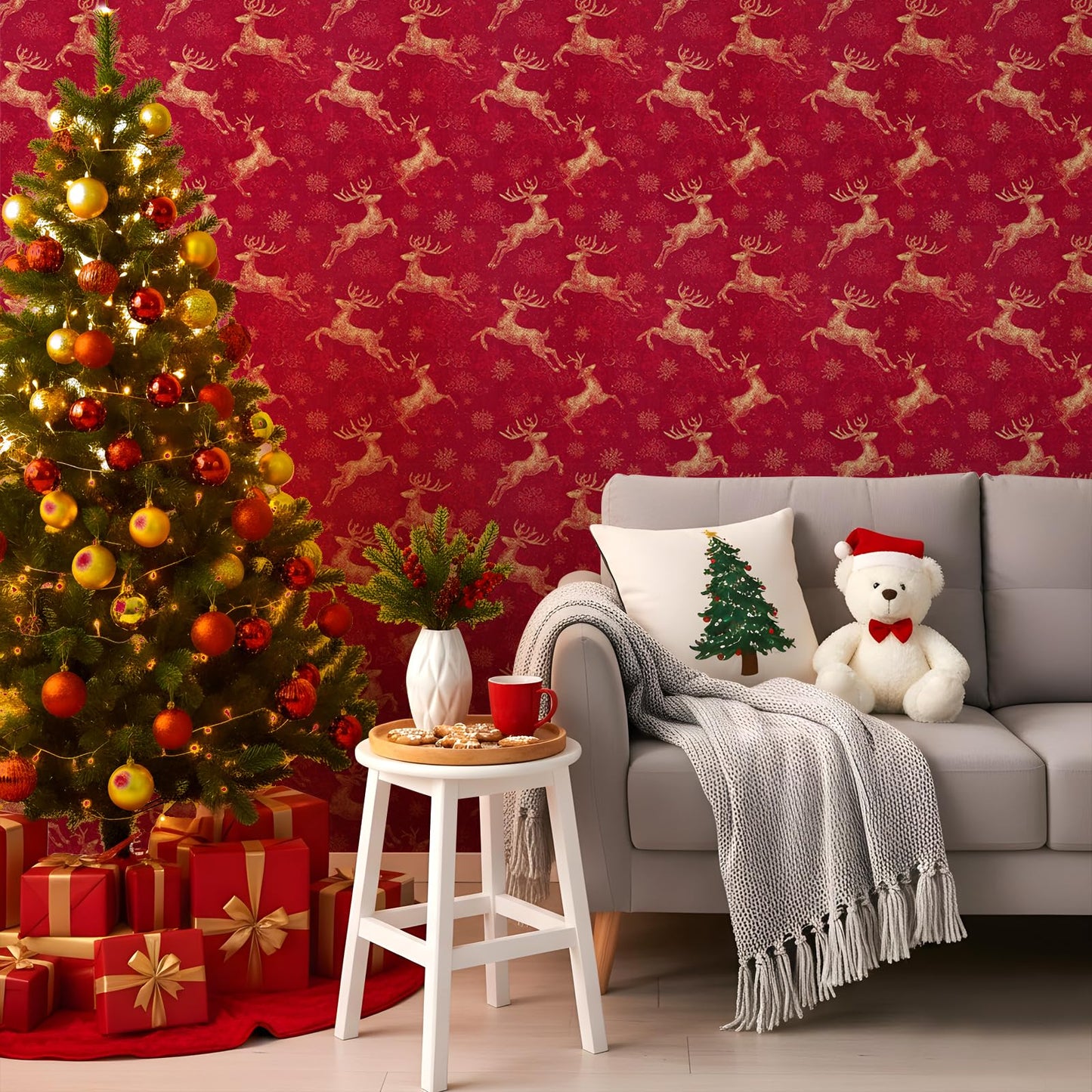 Timeet Peel and Stick Christmas Wallpaper Gold Reindeer Contact Paper Snowflake Holiday Wall Paper Decor on Red Background Removable Self-Adhesive Wallpaper Vinyl Christmas Decor 17" x 196.8"
