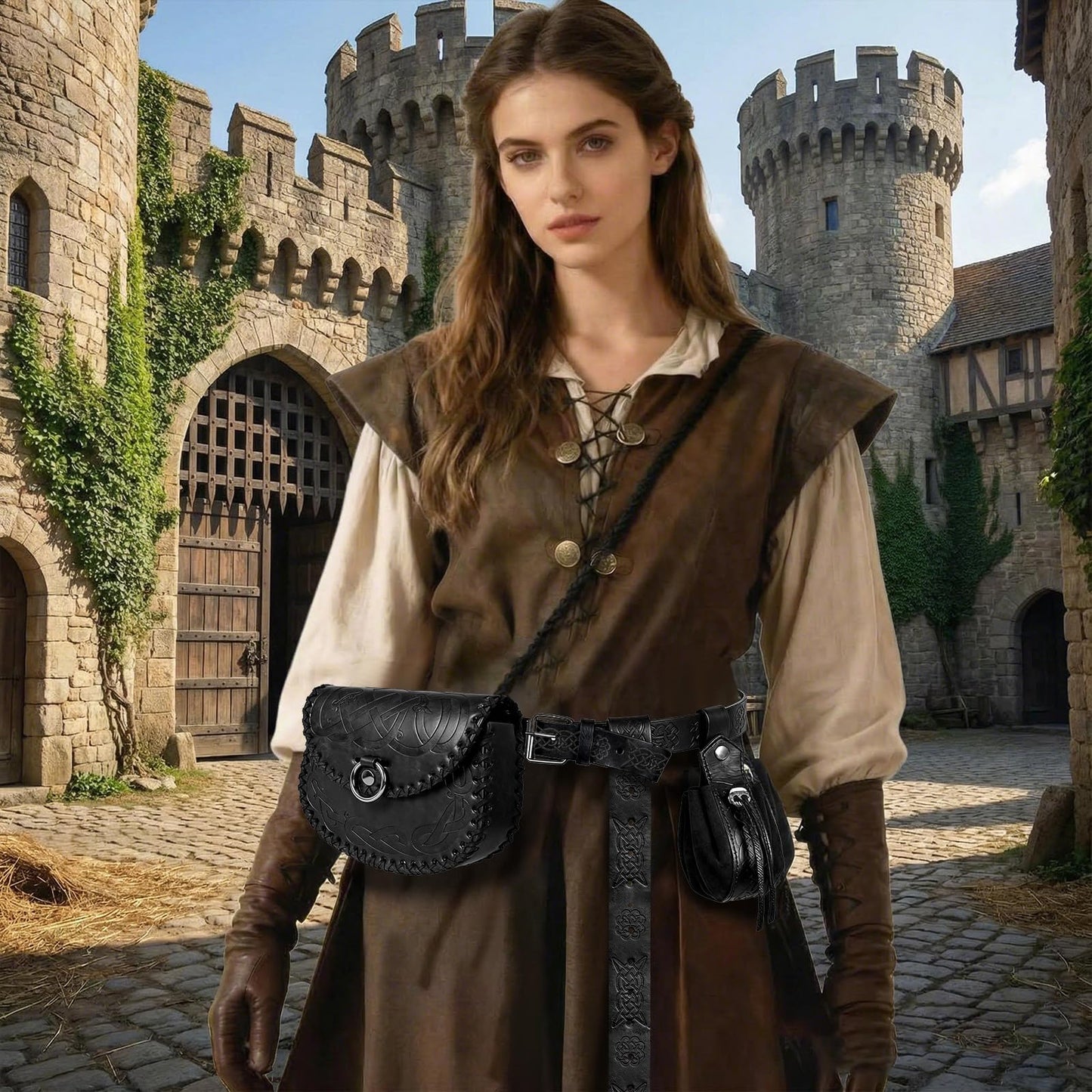Renaissance Belt Pouch Waist Bag Set - Medieval Viking Pirate Coin Purse Skirt Hike for LARP Halloween Cosplay Accessories (Black)