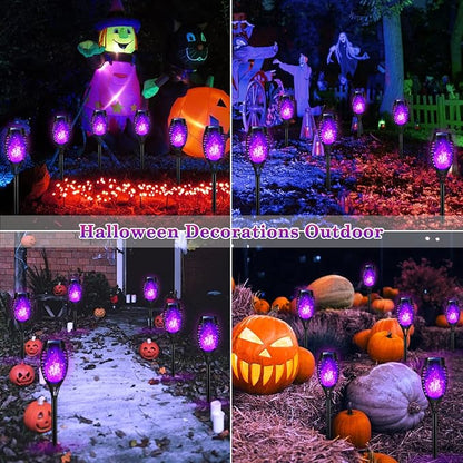 Purple Solar Halloween Lights for Halloween Decorations Outdoor, Solar Torch Lights Flickering Flame for Yard Decorations Outdoor, Waterproof LED Torch Light for Garden Pathway Party Outside Decor