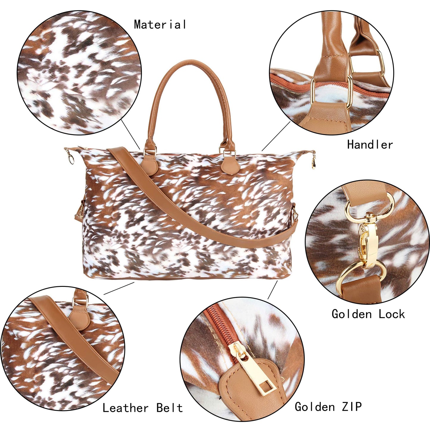 Brindle Cow Print Weekender Bag Duffle Bag For Women Large Travel Tote Bag Overnight Weekend Bags With Shoulder Strap