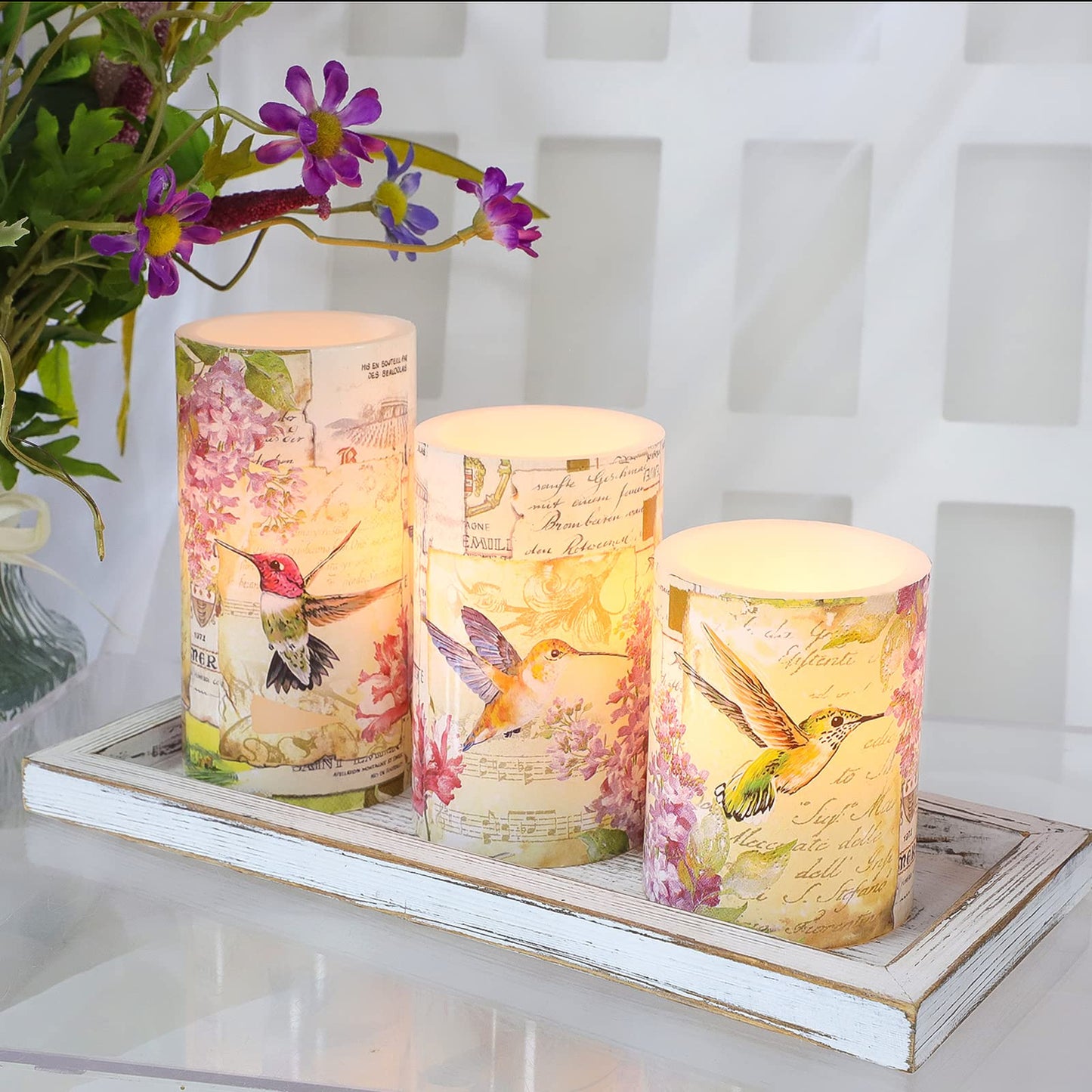 Immeiscent Flameless Candles Pink Hummingbird Floral Battery Operated Remote Timer Flickering LED Real Wax Pillar Candle Warm Light Spring Summer Decor for Home Fireplace Christmas Holiday Gifts