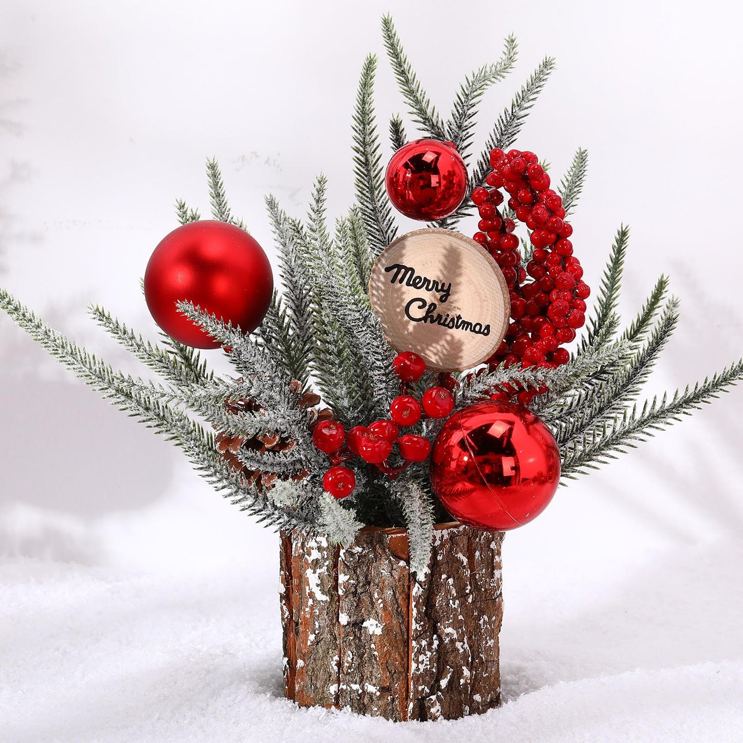 Zhehao Mini Tabletop Christmas Tree 12'' Small Artificial Christmas Tree Centerpiece Wooden Potted Plant with Red Ball Berry Pine Cone Merry Christmas Decor for Christmas Winter Shelf Table Home