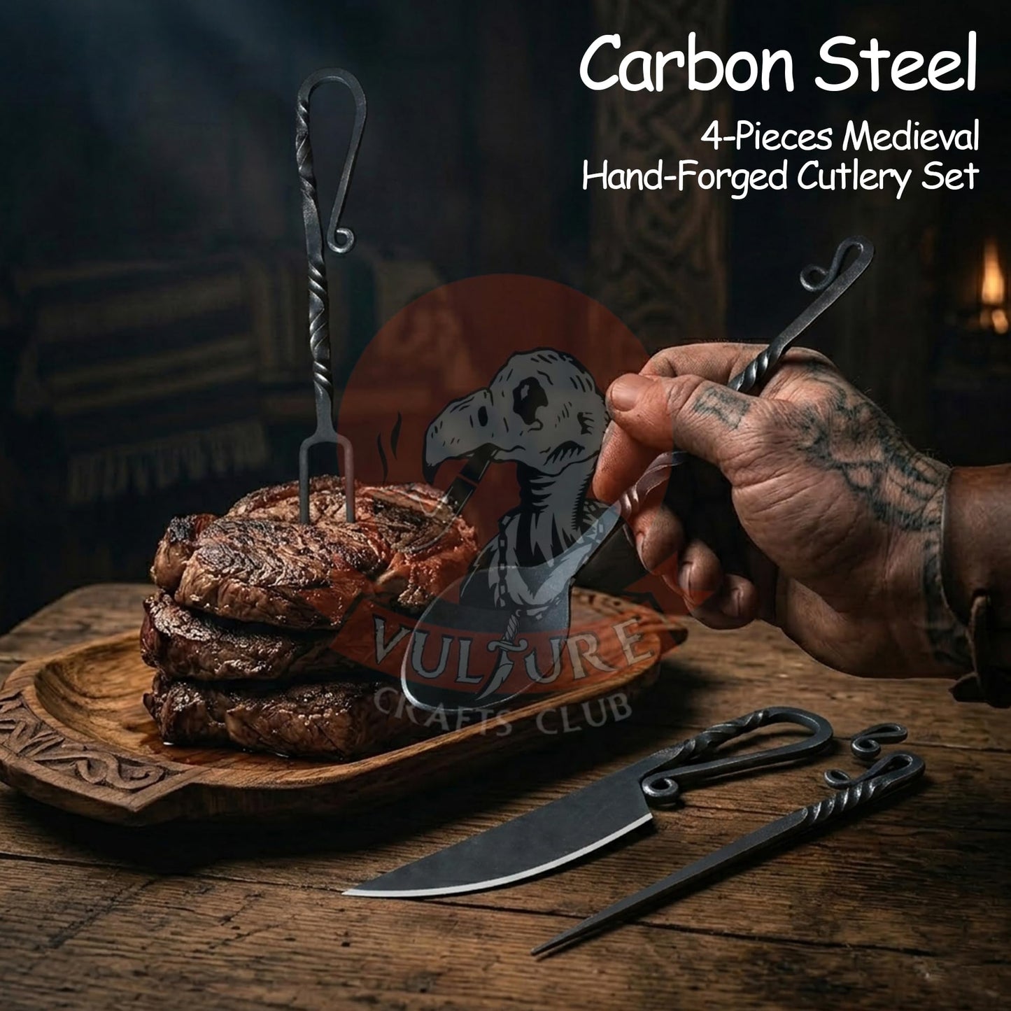 VULTURE CRAFTS CLUB, Medieval Silverware Set with Leather Cover - Hand Forged Medieval Cutlery Set - Viking Camping Utensils, Medieval Decor, Gifts - 4 Pcs Viking Utensils Set Fork Spoon and Knife Set (all Black)