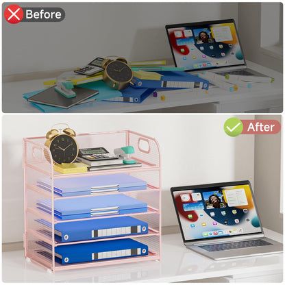 Kinkota 5 Tier Paper Organizer for Desk, File Organizer with Handle, Mesh Letter Tray, Paper Sorter Desk Organizer for Office Home Supplies - Pink