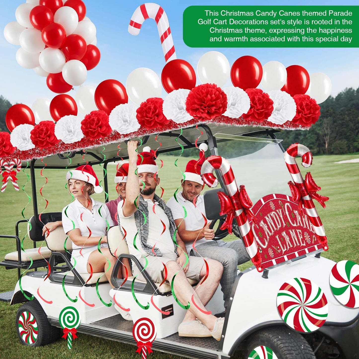 Soulchen 100 Pcs Christmas Golf Cart Decorations Xmas Candy Canes Lollipop PVC Decor Inflatable Red Tinsel Garlands Banner Red Hanging Swirls Tissue Paper Pompoms for Golf Cart Party Supplies Decor