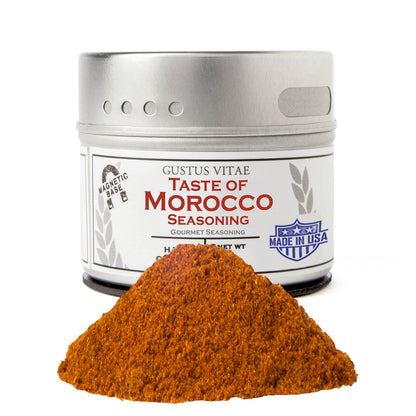 Taste of Morocco | Gourmet Seasoning | Authentic Artisanal Spice Blend | Non GMO, All Natural | Handcrated in Small Batches in USA | Ultra Premium, Sustainably Sourced | GLP-1 Friendly | 1.2 Ounce | Magnetic Tin | Gustus Vitae | #9