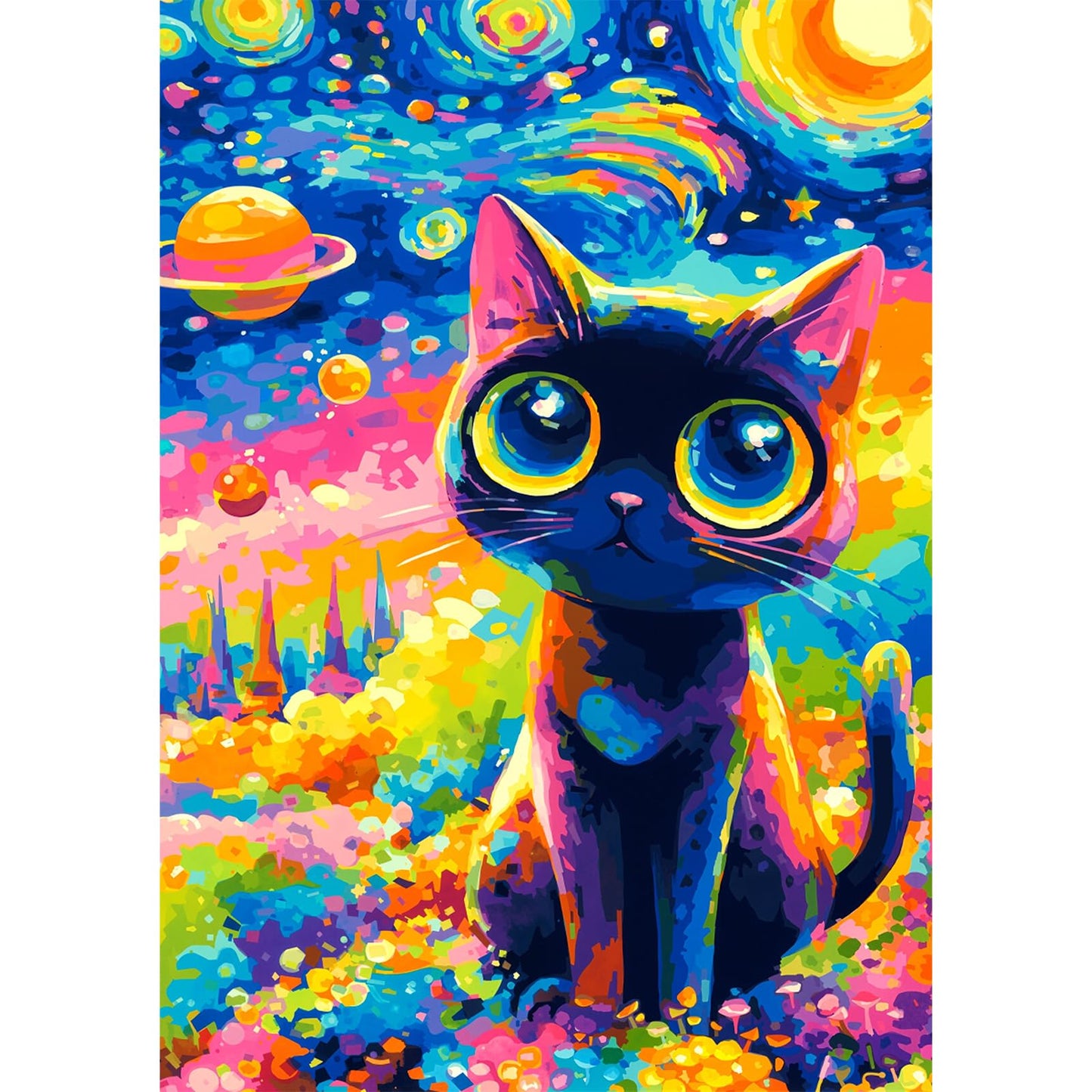 1000 Piece Jigsaw Puzzle for Adults, Vibrant Van Gogh-Inspired Starry Night Black Cat, Colorful Cosmic Space Art Puzzle with Planets & Stars, Stress Relief Puzzle for Cat Lovers
