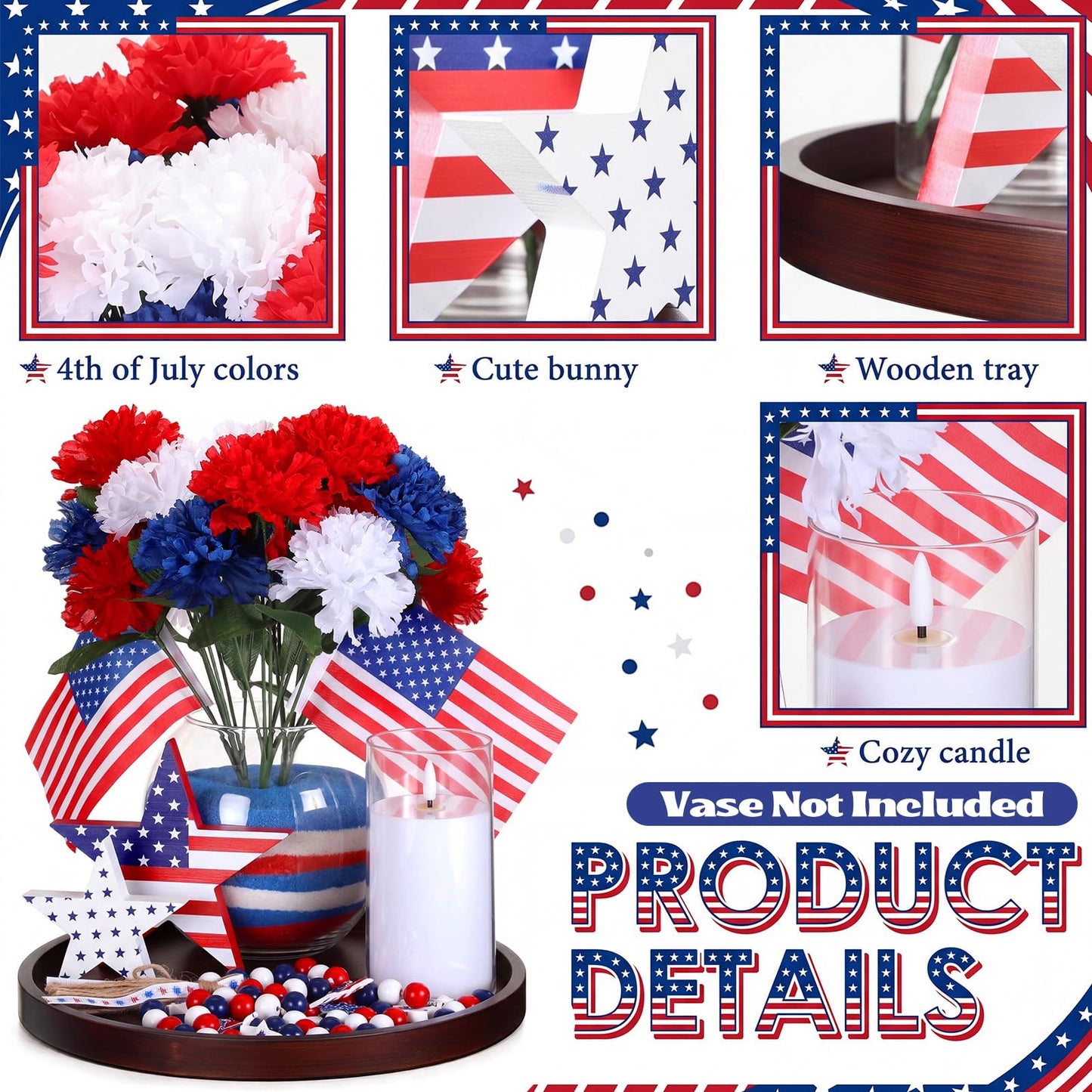 4th of July Decorations Centerpiece Table Decor, 250th Anniversary Patriotic Red White Blue Flowers with Mini Flags, Wooden Stars, Tray, LED Candle Bead Garland for Independence Day Party Home Decor