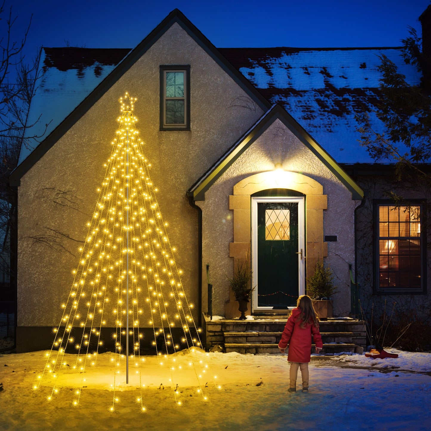 Flacchi Christmas Outdoor Star String Lights - Pole Set with Remote, Multiple Lighting Modes, Timer, and Waterproof Feature (Warm White, 10FT/404LED)