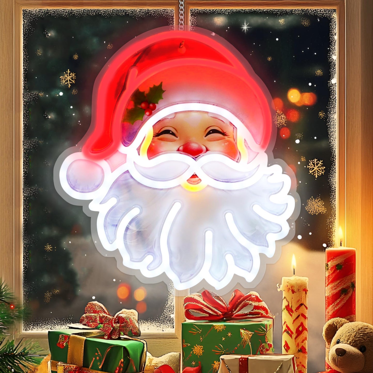 Christmas Window Decorations Lights, LED Santa Claus Acrylic Neon Signs, Cute Room Decor Powered 5V Art Decorative Night Lights Indoor for Christmas Tree, Home, Bedroom, Office,Dorm,Party