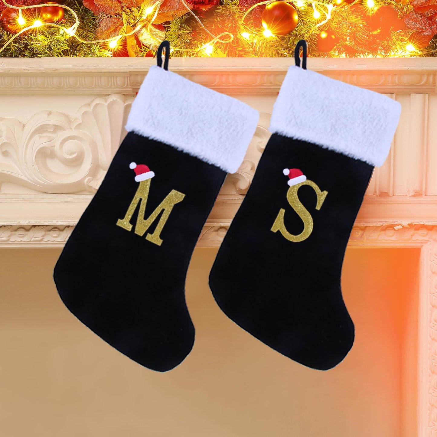 20 Inches Monogram Christmas Stockings with Letters, Large Super Soft Christmas Stockings Black Velvet with White Super Soft Plush Cuff for Xmas Tree Holiday Fireplace Gold Letter R