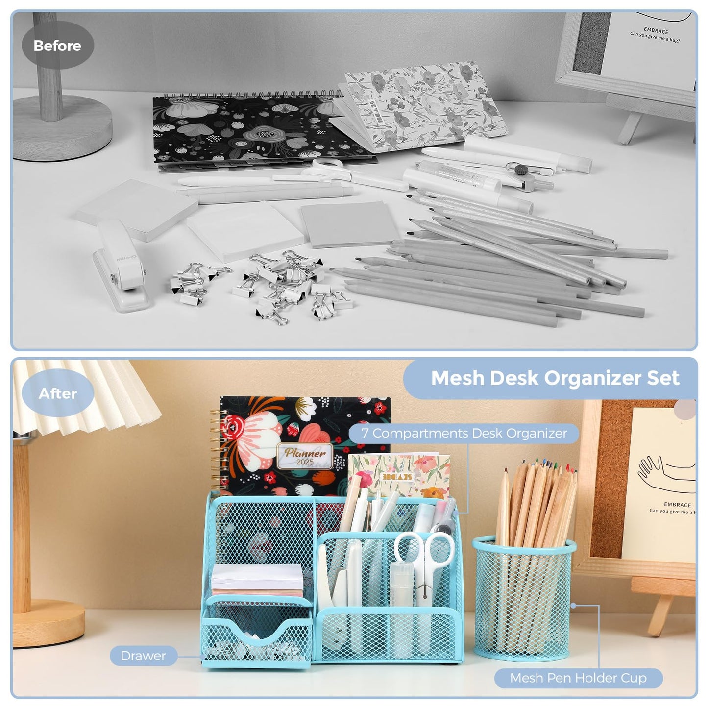 SKYDUE Blue Office Supplies Set, Office Desk Accessories, Mesh Desk Organizer, Stapler, Tape Dispenser, Scissors, Binder/Paper Clips and 1000pcs Staples, Office Supplies for Teacher