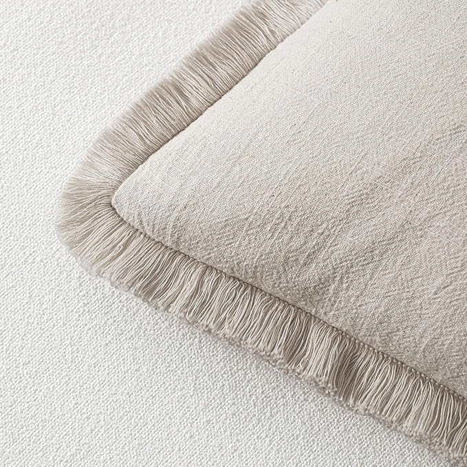 MIULEE Christmas Decorative Lumbar Throw Pillow Covers Neutral Linen Fringe Throw Pillows Set of 2 Natural Beige Boho Farmhouse Cushion Covers for Couch Sofa Bed Living Room Home Decor 12x20 Inch