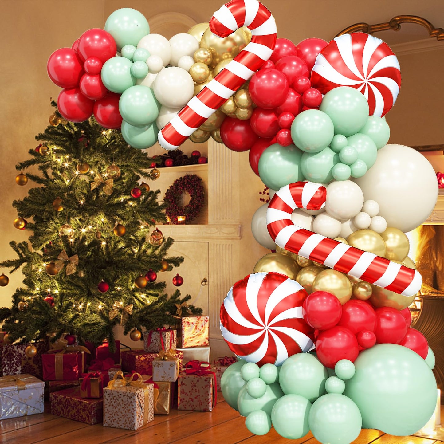 Christmas Balloons Arch Red Green White Gold Balloons Garland with Candy Cane Crutch Foil Balloon Xmas Birthday Party Decorations Lollipop Balloon Metallic Beige Latex Helium New Year Decor Supplies