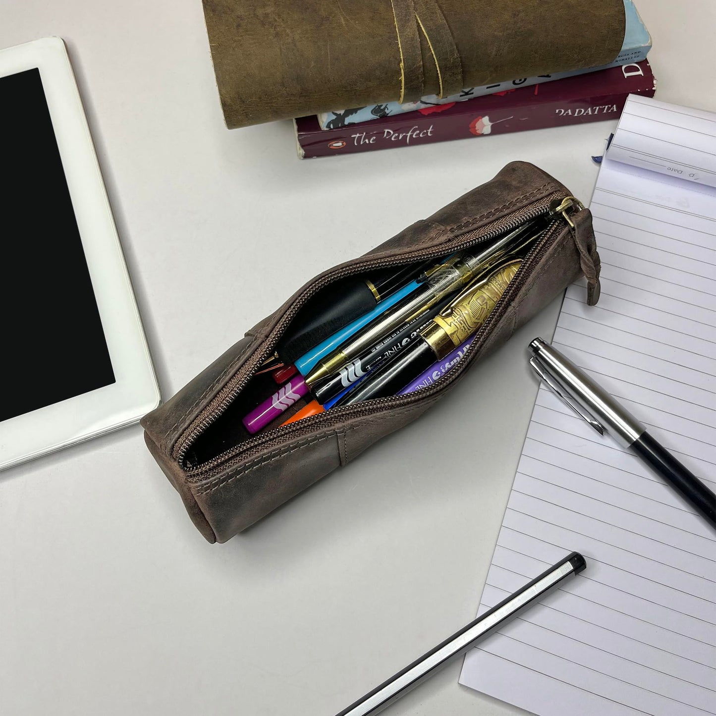 Leather Pencil Case - Full Grain Leather Zippered Pen Pouch - Stationery Bag Pen Holder for Work & Office, Walnut, M, Professional Pencil Case