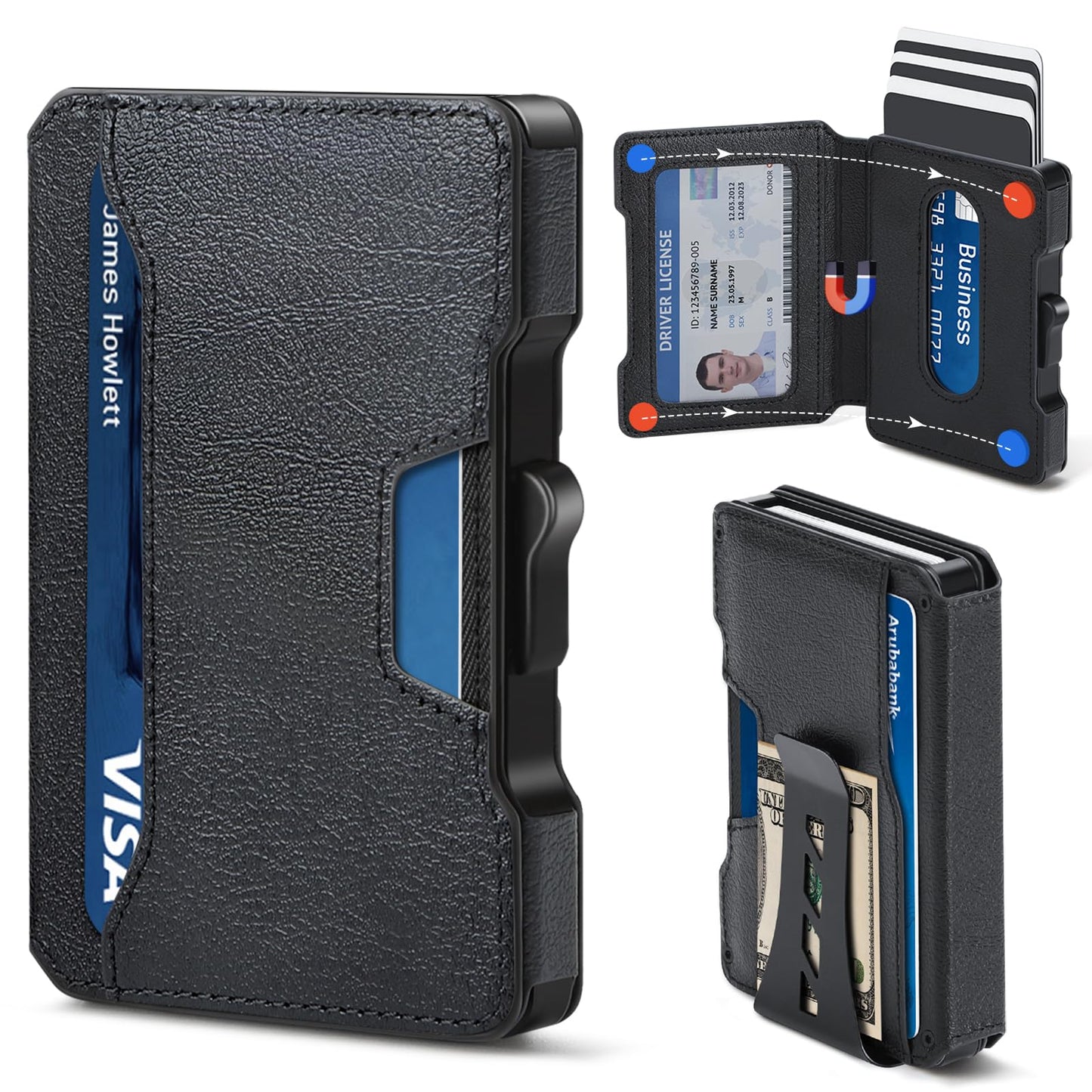 BESSIO Slim Wallet for Men - Minimalist Mens Wallet with Money Clip, Aluminum Pop Up Card Case and Leather Slots Credit Card Holder RFID Blocking Wallet for Men with Gift Box