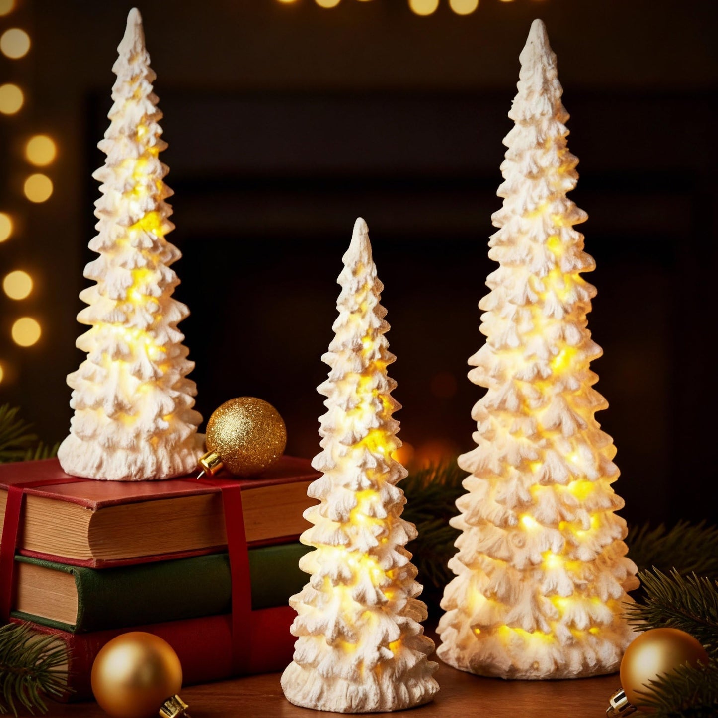 Flutesan 3 Pcs White Christmas Tree Figurines with Lights 11" /9" Tabletop Glittered Resin Village Pine Figurine Light Up Battery Operated Centerpieces Winter Holiday Decor for Table Mantel Home