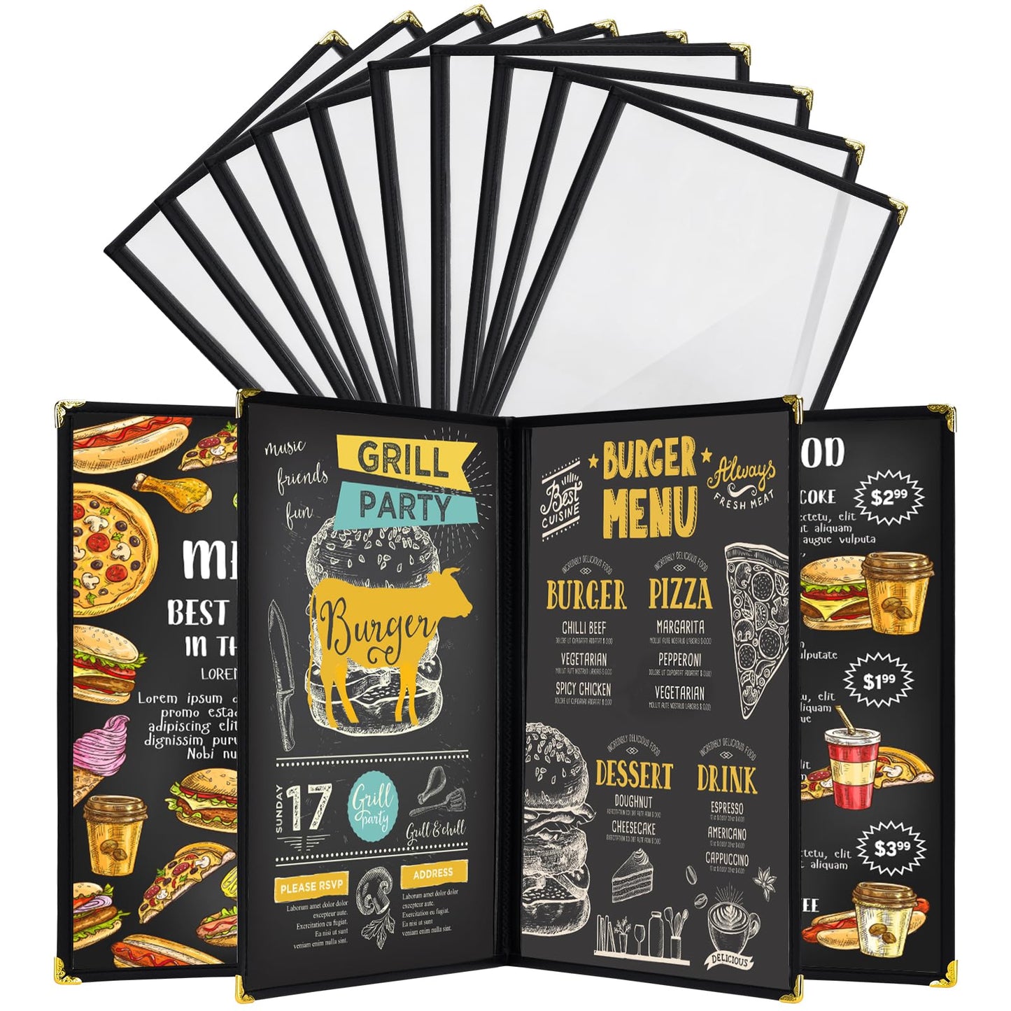 Restuarant Menu Covers,10 PCS 4 Page 8 View Transparent Leather Menu Covers 8.5X11 inch, Homeschool Supplies and Restaurant Supplies (Black*10)