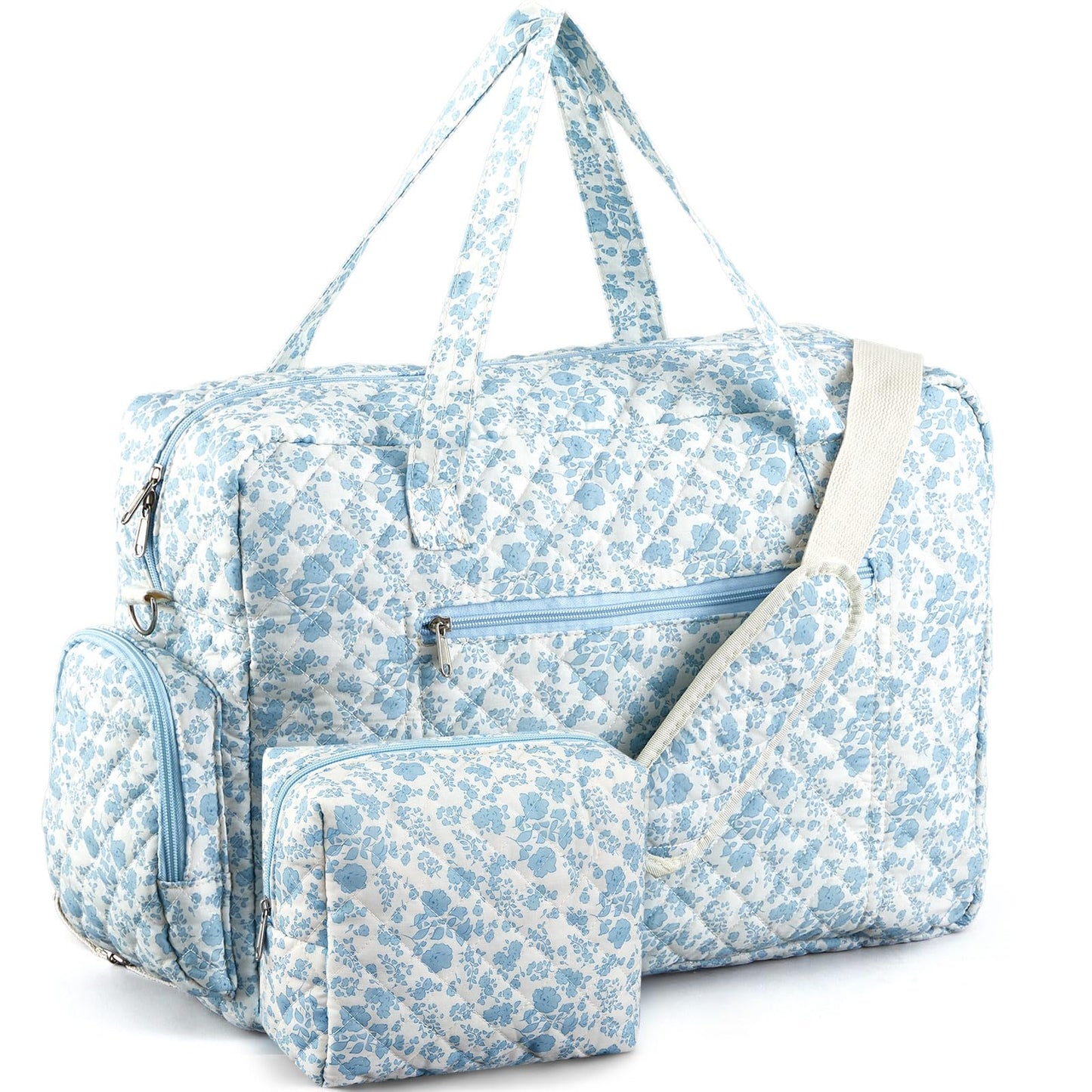 Abbylike 2 Pcs Large Quilted Duffle Bag Blue Floral Coquette Duffle Bag with Makeup Pouch Quilted Weekender Diaper Tote with Shoe Compartment for Women Travel Hospital